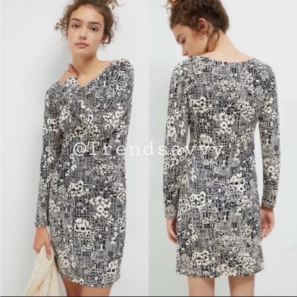 Anthropologie Imani Floral Mini Dress Black White Boho Long Sleeve Large NWT